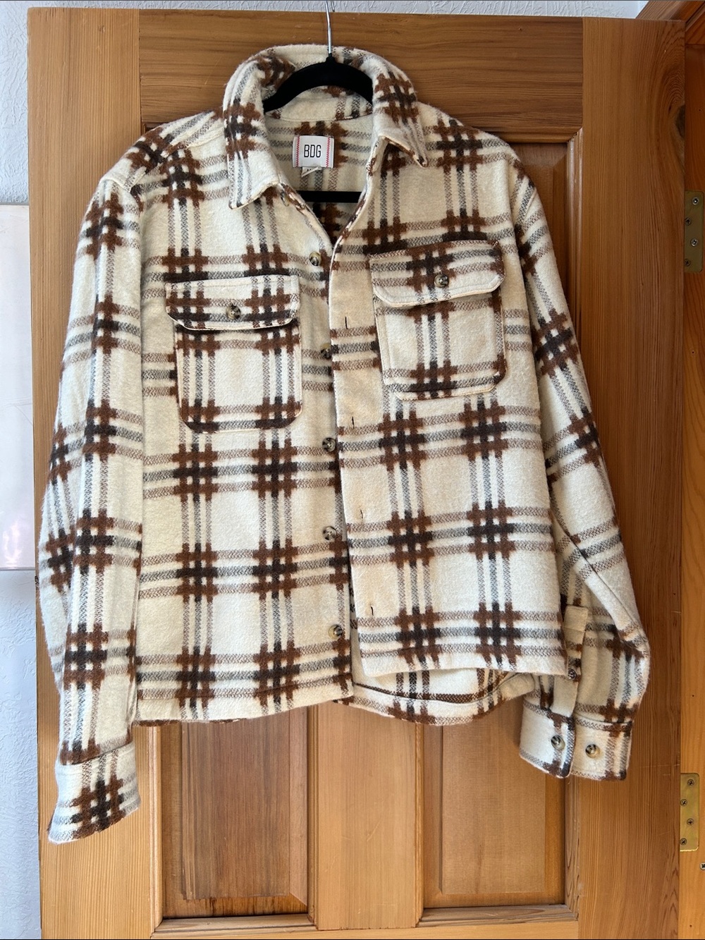 BDG Cream & Brown Plaid Button-Up Fleece